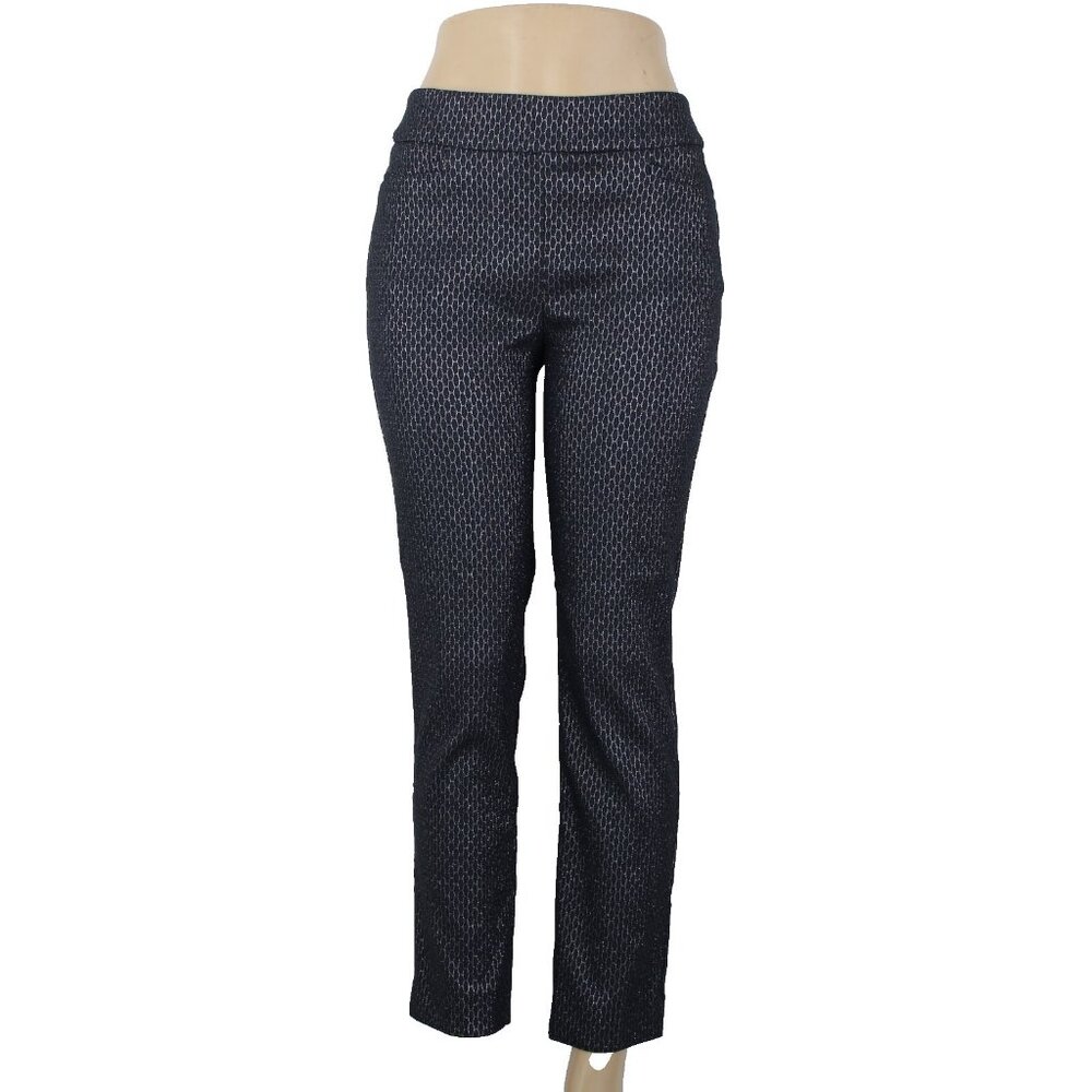 Chicos Sz 0 x 27 Navy Blue Silver Metallic Black Slim Leg Rayon Nylon Pant